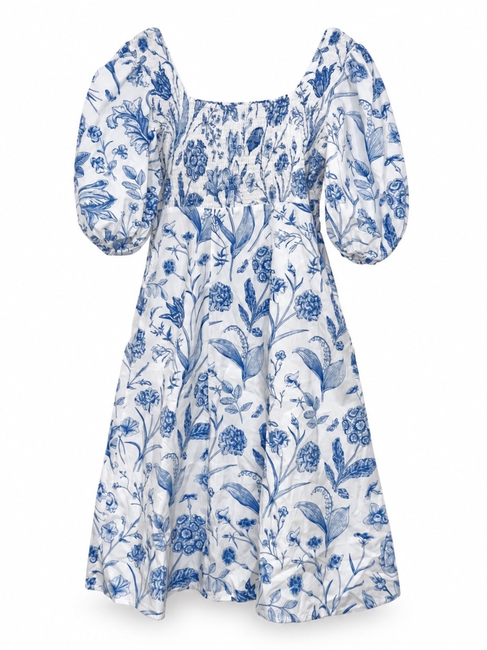 Olivia James The Label Blue Floral Puff Sleeve Cotton Midi Dress Size M